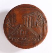 19th Century pressed wood snuff box, the circular cover with Italianate landscape scene inscribed "