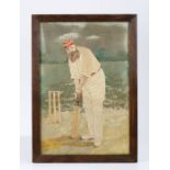 W G Grace, a silk work picture of W G Grace standing with bat in hand with the wickets behind,