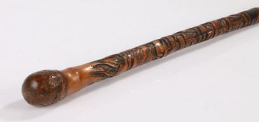 Japanese Meiji period bamboo walking stick, with carved figural and landscape decoration, 82.5cm