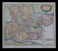Robert Morden, coloured map engraving, Essex, mounted, 44cm x 38cm