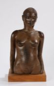 Ethiopian cast metal sculpture, depicting a female head and torso, mounted on an oak plinth base,