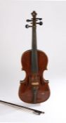 Hopf violin, stamped HOPF below the button, 59cm long, together with a bow, all housed in a dark