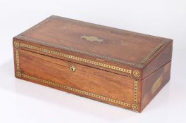 Victorian rosewood and brass banded writing box, the lid with vacant shaped cartouche, the slope