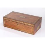 Victorian rosewood and brass banded writing box, the lid with vacant shaped cartouche, the slope
