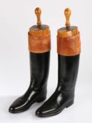 Pair of Bartley and Sons black leather riding boots and boot trees, the trees engraved "Count