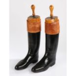 Pair of Bartley and Sons black leather riding boots and boot trees, the trees engraved "Count