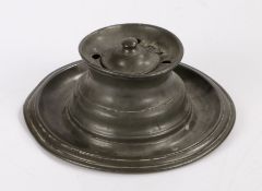 Pewter capstan form inkwell By E. Stacey & Son Sheffield, the dished top with hinged lid and