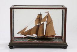 Early 20th Century ship model of a Brigantine, with three foresails and two mainsails, housed in a