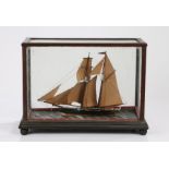 Early 20th Century ship model of a Brigantine, with three foresails and two mainsails, housed in a