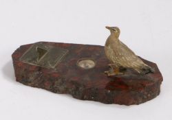 Early 20th Century desk ornament, with cold painted bronze seagull, compass and sundial, on a red