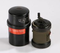 Curta Calculator Type II, No. 534553, in a black plastic drum case with lid