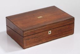 Victorian rosewood and brass banded writing box, the lid with rectangular vacant cartouche, the