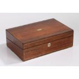 Victorian rosewood and brass banded writing box, the lid with rectangular vacant cartouche, the