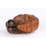 Japanese wood netsuke, Meiji period, carved as a pumpkin and three aubergines in a deep brown, 3.5cm