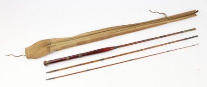 Army & Navy London three piece split cane fly fishing rod, 280cm long, housed in a canvas slip case