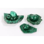 Collection of malachite, to include three dishes and five eggs (8)