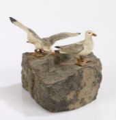 Early 20th Century cold painted bronze depiction of two seagulls on a rock outcrop, one with wings