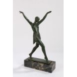 Art Deco patinated green figure, Le Verrier Paris, after Fayral, depicting a dancing female figure