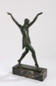 Art Deco patinated green figure, Le Verrier Paris, after Fayral, depicting a dancing female figure