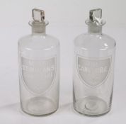 Two early 19th Century blown glass chemists bottles and stoppers, etched "LIN. CAMPHORAE" and "MIST.