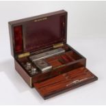 Victorian walnut and brass banded vanity box, the hinged lid with brass cartouche engraved with a
