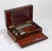 Victorian walnut and brass banded vanity box, the hinged lid with brass cartouche engraved with a