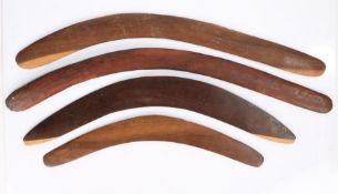 Collection of Australian boomerangs, each of arched form in hardwood, 52.5cm wide to 77.5cm long, (