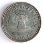 Australia, copper token, 1862, AUSTRALIA  ADVANCE above a tree 1862 below, reverse VICTORIA 1862