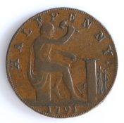British Token, copper halfpenny, 1791, HALFPENNY 1791 with seated Vulcan forging lightning, the