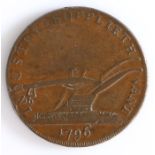 British Token, copper halfpenny, 1796, London, INDUSRTY SUPPLIETH WANT 1796, with depiction of a