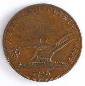 British Token, copper halfpenny, 1796, London, INDUSRTY SUPPLIETH WANT 1796, with depiction of a