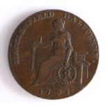 British Token, copper halfpenny, 1791, Macclesfield, MACCLESFIELD HALFPENNY 1791, with central