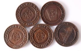 Masonic tokens, to include Tyrian Mark Master lodge 182, Busby 458, Alfred Lodge 136, Galen 1285 and
