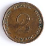 British Token, two pence, 1844, J THORNETT LICENSED VICTUALLER LONDON, with central Arabic 2, the