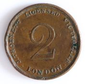 British Token, two pence, 1844, J THORNETT LICENSED VICTUALLER LONDON, with central Arabic 2, the