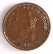 British Token, copper penny, 1838, TRADE & NAVIGATION 1838, with central seated female holding a