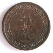 British Token, copper halfpenny, 1811, PATENT SHEATHING NAIL MANUFACTORY BRISTOL with sailing