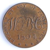 British Token, copper halfpenny, 1804, London, LICENSED BY ACT OF PARLIAMENT 1804, with initials