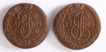 Russia, 5 Kopeks, 1792 and 1793, (2)