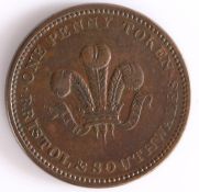 British Token, copper penny, 1811, BRISTOL AND SOUTH WALES ONE PENNY TOKEN, with central Prince of