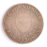 British Token, silver One Shilling, 1811, BIRMINGHAM TOKEN above building, reverse ONE POUND NOTE