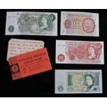 Bank notes, to include Bank of England £1, another and A Ten Shilling, also with a Military Five