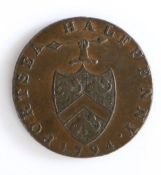 British Token, copper halfpenny, 1794, PORTSEA HALFPENNY with the town arms, the reverse with