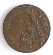 British Token, copper halfpenny, 1795 , Brunswick, BRUNSWIK HALFPENNY, with central depiction of