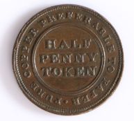 British Token, copper halfpenny, HALF PENNY TOKEN, rim PURE COPPER PREFERABLE TO PAPER, reverse