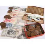 Collection of coins and banknotes, to include Mexican, Spanish and Greek banknotes, copper coin