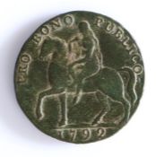 British Token, copper halfpenny, 1792, Coventry, PRO BONO PUBLICO 1792, with central depiction of