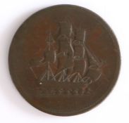 Ship Token, copper penny, ONE PENNY surrounded by a garland, the reverse with depiction of a sailing