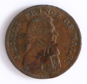 British Token, copper halfpenny, 24 NOV 1790 PRINCE OF WALES ELECTED GM above coat of arms,