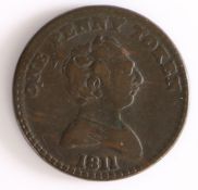 British Token, copper penny, 1811, Bilston, ONE PENNY TOKEN 1811,  with profile bust, the reverse